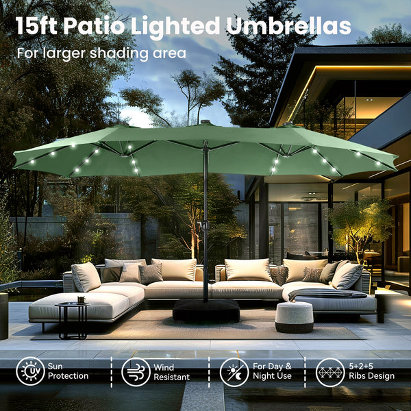 15 ft patio umbrella with led lights 15ft Solar Double-Sided Patio Extra Large Twin Umbrella with Led Light