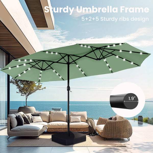 large lighted patio umbrella 15ft Solar Double-Sided Patio Extra Large Twin Umbrella with Led Light