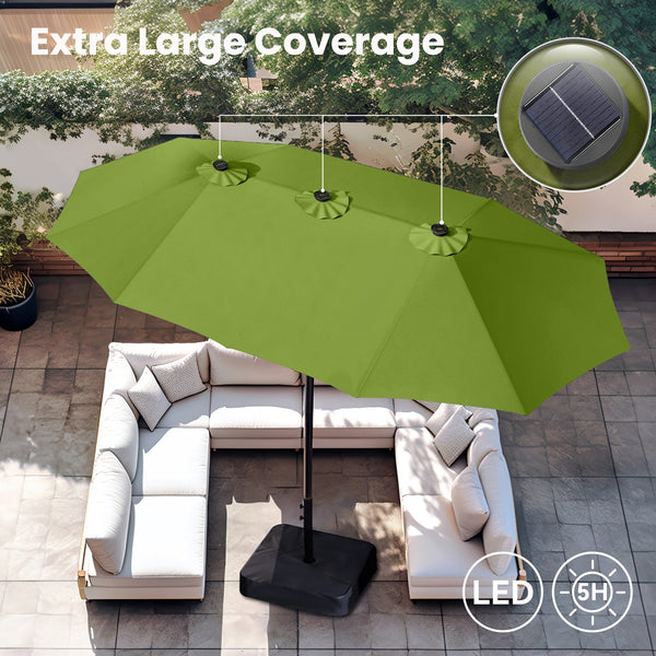 green lighted patio umbrella 15ft Solar Double-Sided Patio Extra Large Twin Umbrella with Led Light