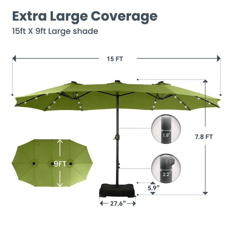 PHI VILLA 15ft Double-Sided Patio Extra Large Umbrella With LED Lights