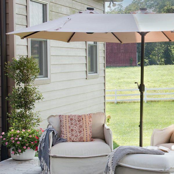 15ft Solar Double-Sided Patio Extra Large Twin Umbrella with Led Lights and Base