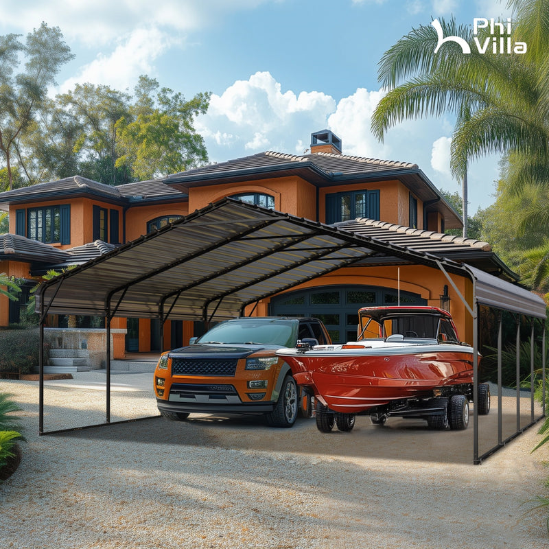 PHI VILLA 20x20ft 2 Car Metal Carports Deluxe Car Storage with Durable Steel Frame and Metal Proof