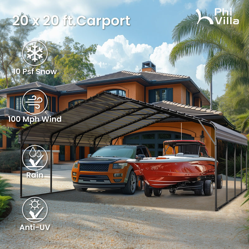PHI VILLA 20x20ft 2 Car Metal Carports Deluxe Car Storage with Durable Steel Frame and Metal Proof