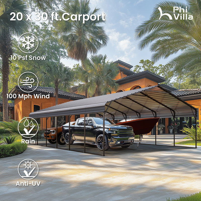 PHI VILLA 20x30ft Hardtop Carport Metal Weatherproof Car Garage Outdoor Car Shelter Shade