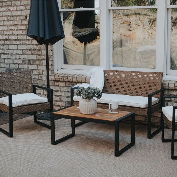 PHI VILLA 4-Piece Patio Conversation Set - Wicker Chairs and Acacia Wood Coffee Table - Modern and Stylish