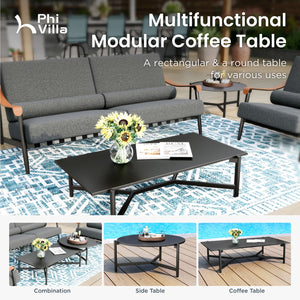 Oversized Modern Outdoor Couch with Leather Armrest and Coffee Table