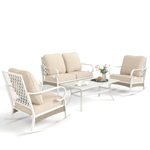 4-Seater Patio Metal All-White Sofa Set with Rattan Edge for Sale