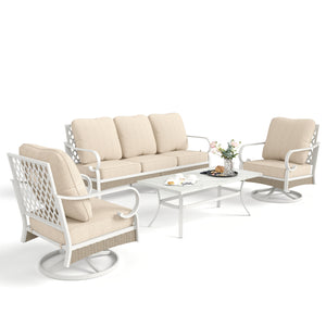 5-Seater Patio Metal All-White Sofa Set with Rattan Edge for Sale