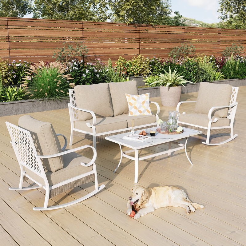 Phi Villa 4-Seater Outdoor Rattan & Steel Fresh Color Sofa Set With Coffee Table