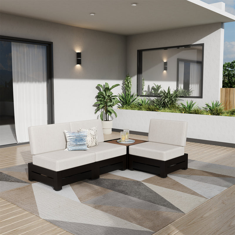 Phi Villa 4-Seater Outdoor Sectional Sofa with Deep Cushions and Wood Grain Table