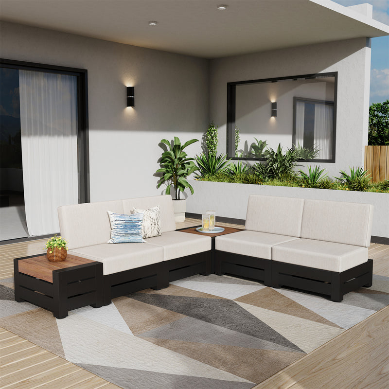 Phi Villa 4-Seater Outdoor Sectional Sofa with Deep Cushions and Wood Grain Table