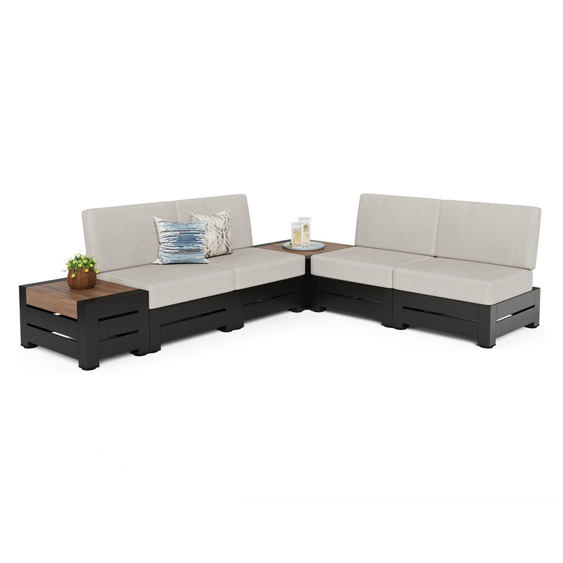 Phi Villa 4-Seater Outdoor Sectional Sofa with Deep Cushions and Wood Grain Table