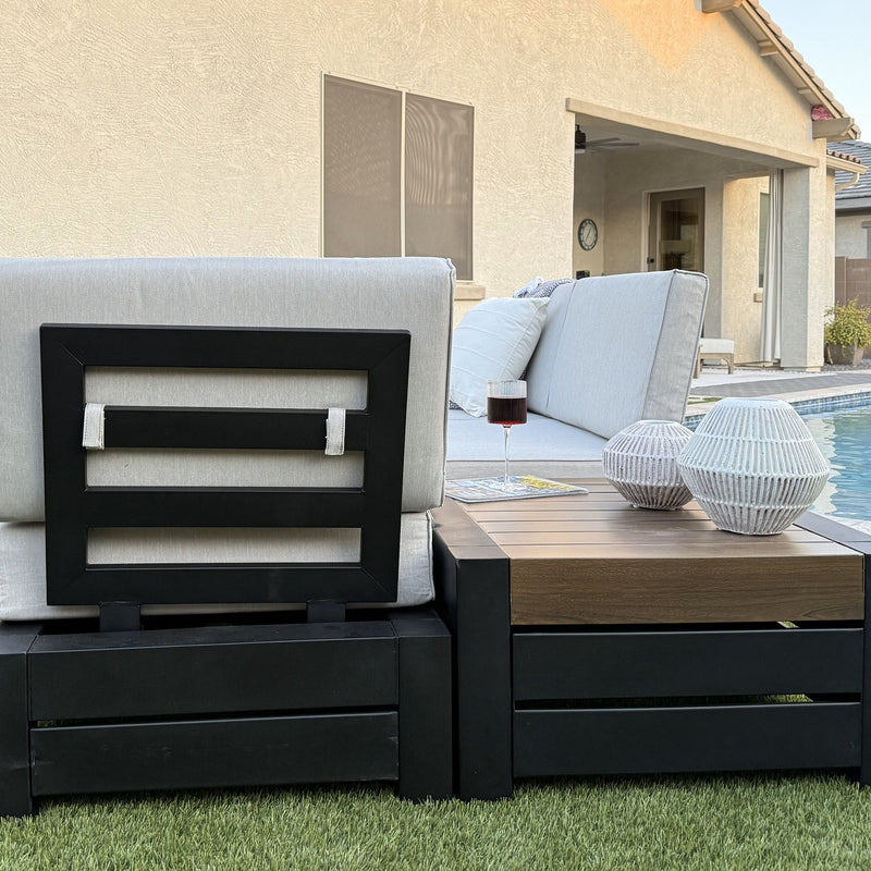 Phi Villa 4-Seater Outdoor Sectional Sofa with Deep Cushions and Wood Grain Table