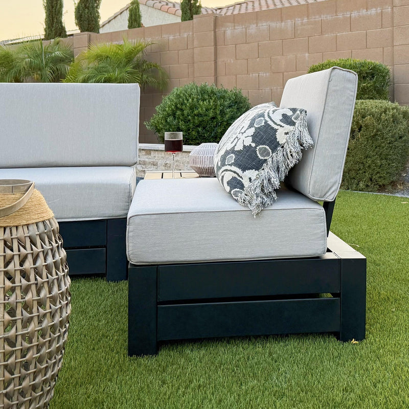 Phi Villa 4-Seater Outdoor Sectional Sofa with Deep Cushions and Wood Grain Table