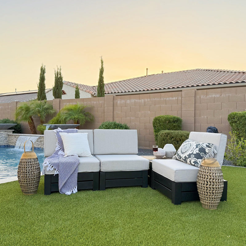 Phi Villa 4-Seater Outdoor Sectional Sofa with Deep Cushions and Wood Grain Table