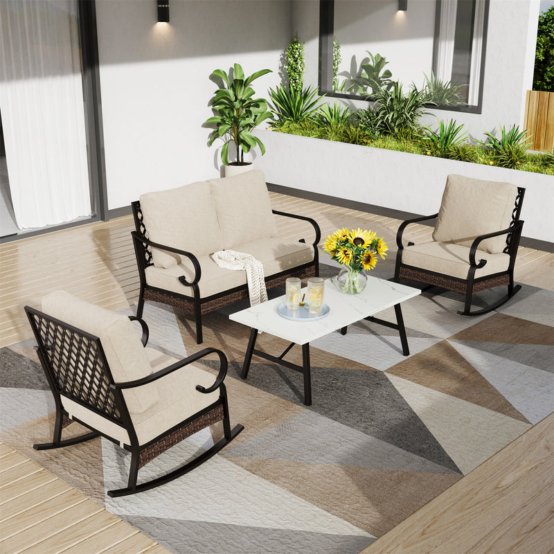 Phi Villa 4-Seater Outdoor Steel & Rattan Dark Color Sofa Set With Coffee Table
