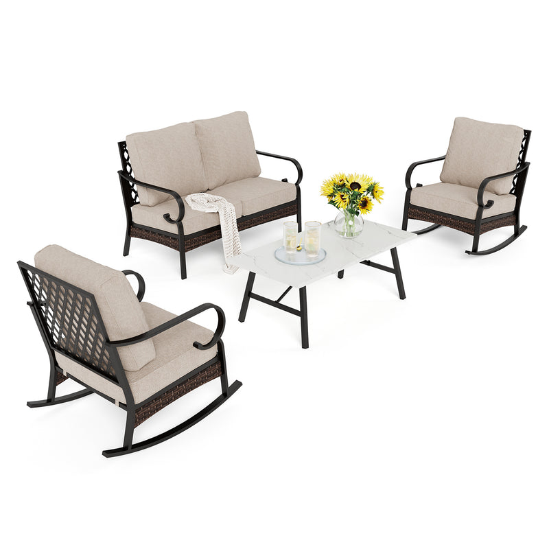 Phi Villa 4-Seater Outdoor Steel & Rattan Dark Color Sofa Set With Coffee Table