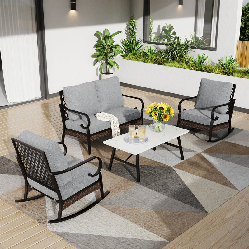 Phi Villa 4-Seater Outdoor Steel & Rattan Dark Color Sofa Set With Coffee Table