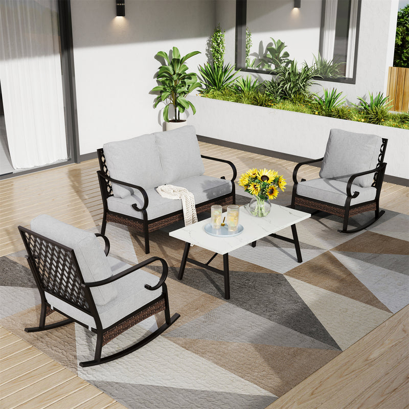 Phi Villa 4-Seater Outdoor Steel & Rattan Dark Color Sofa Set With Coffee Table