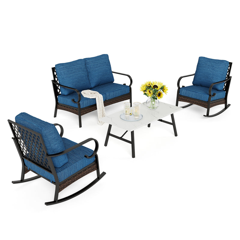 Phi Villa 4-Seater Outdoor Steel & Rattan Dark Color Sofa Set With Coffee Table