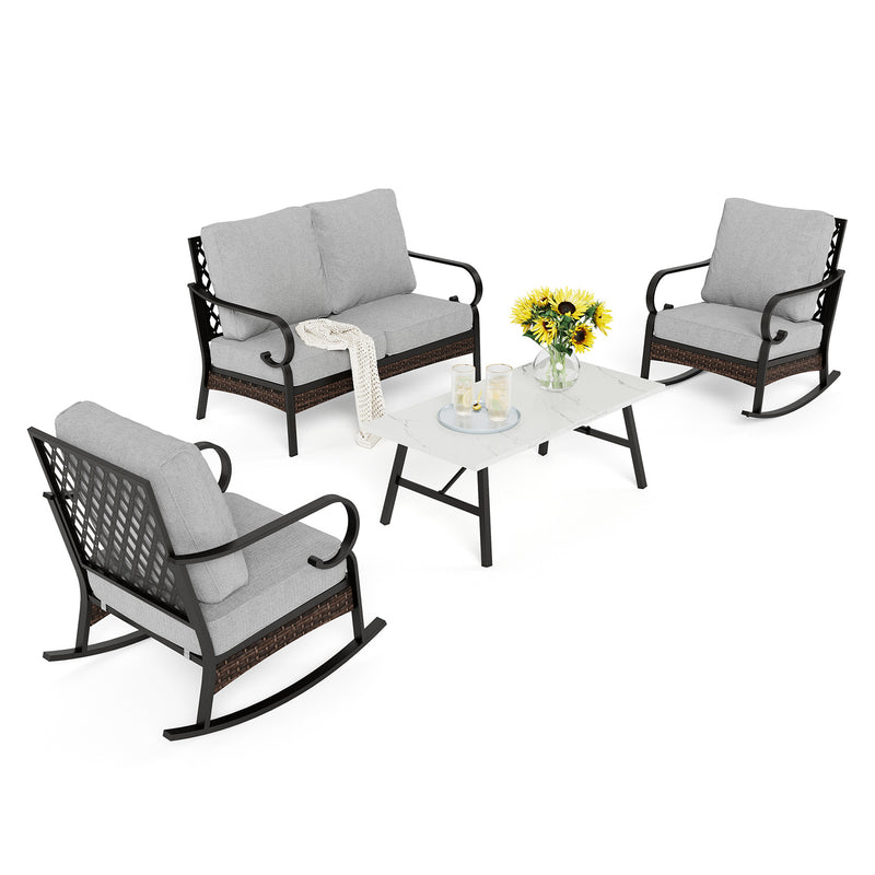 Phi Villa 4-Seater Outdoor Steel & Rattan Dark Color Sofa Set With Coffee Table