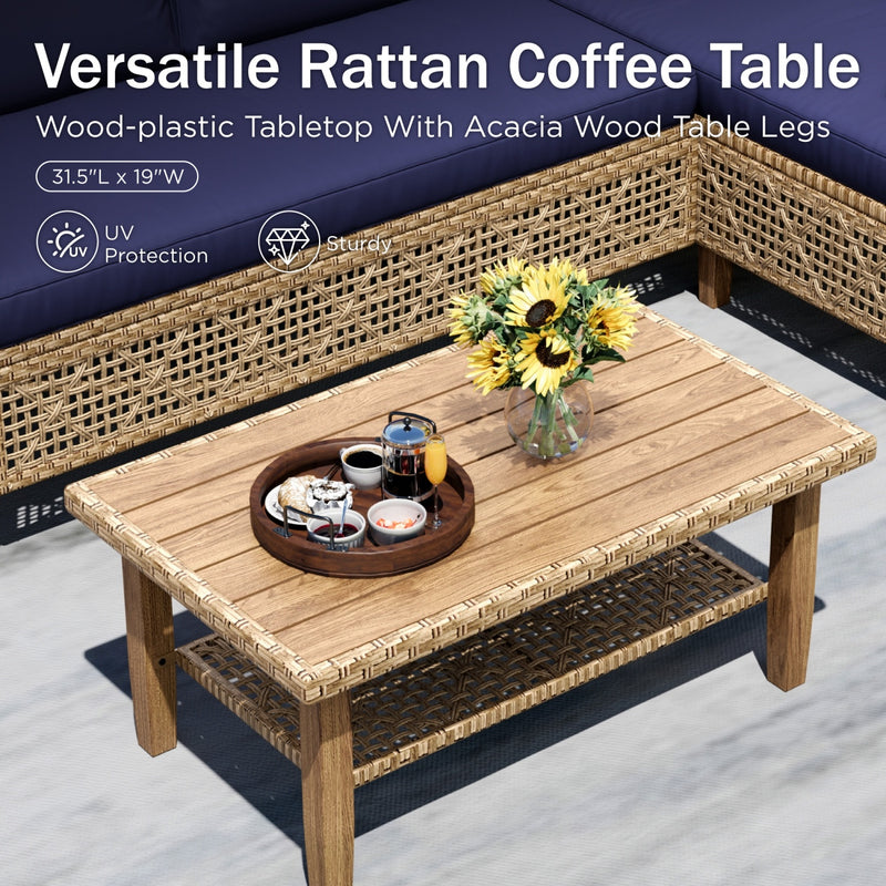 Phi Villa 4-Seater Patio Budget-Friendly Bohemian Wicker and Wood Sofa Set