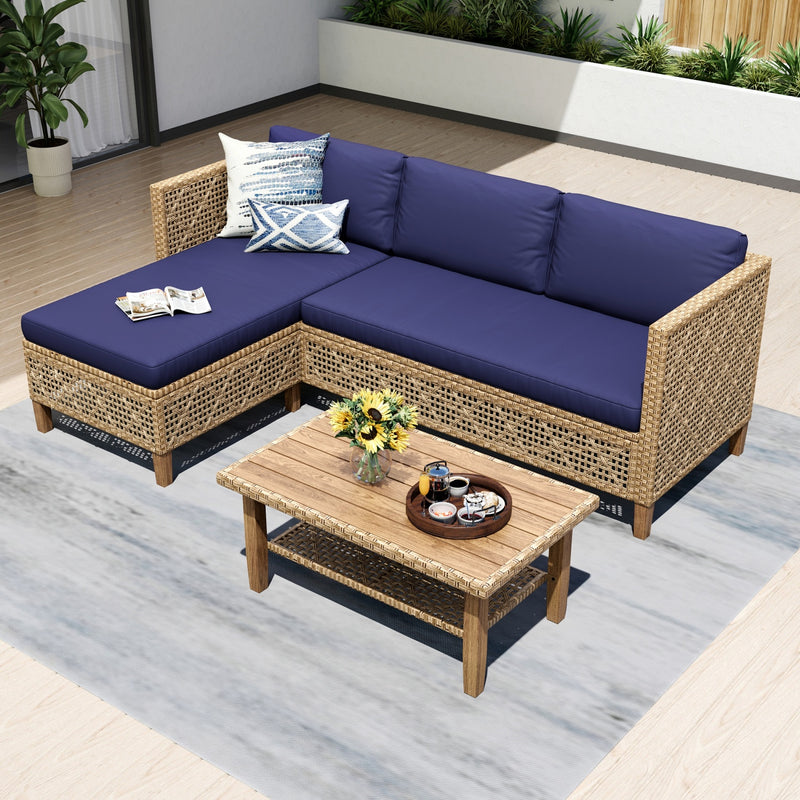 Phi Villa 4-Seater Patio Budget-Friendly Bohemian Wicker and Wood Sofa Set