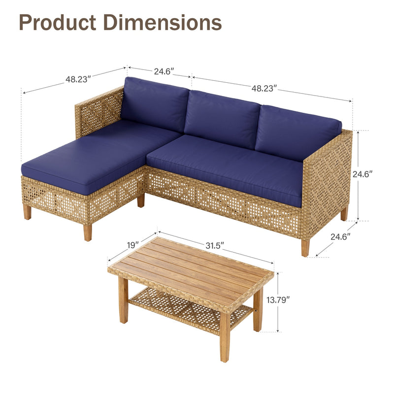 Phi Villa 4-Seater Patio Budget-Friendly Bohemian Wicker and Wood Sofa Set