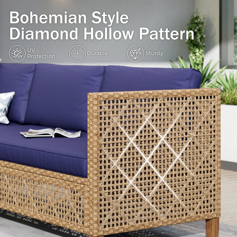 Phi Villa 4-Seater Patio Budget-Friendly Bohemian Wicker and Wood Sofa Set