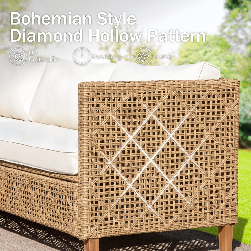 Phi Villa 4-Seater Patio Budget-Friendly Bohemian Wicker and Wood Sofa Set