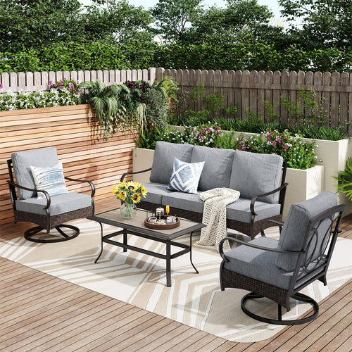 5-Seater Outdoor Metal and Rattan Cocoa Sofa Set with Coffee Table