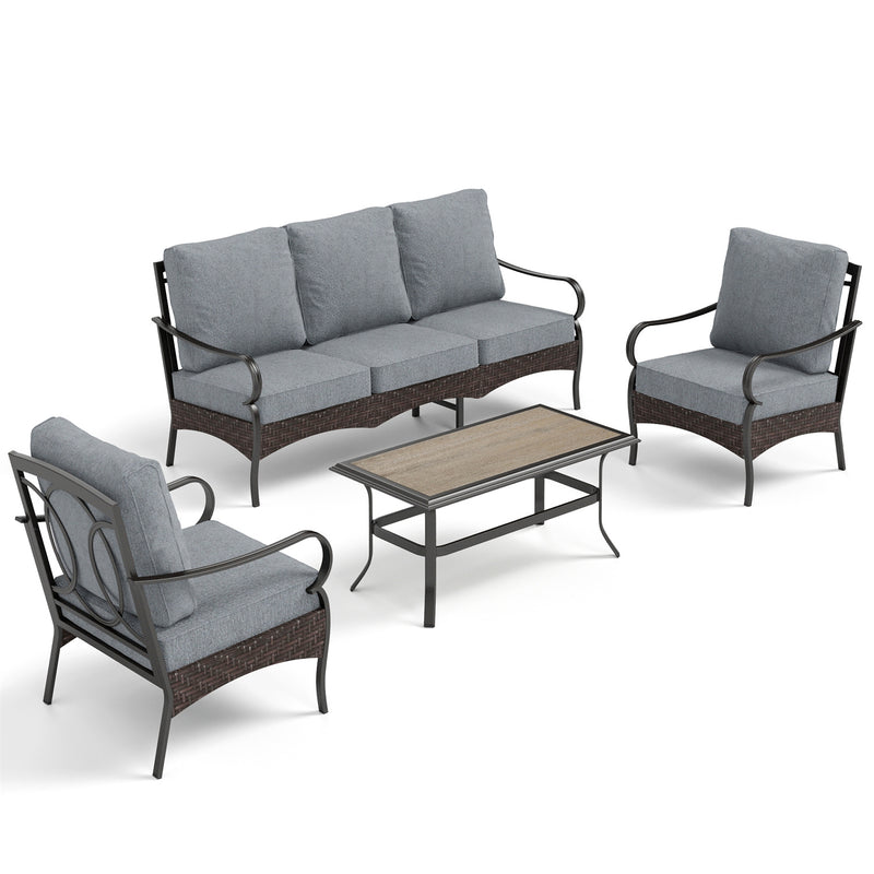 Phi Villa 5-Seater Outdoor Steel & Rattan Sofa Set With Coffee Table