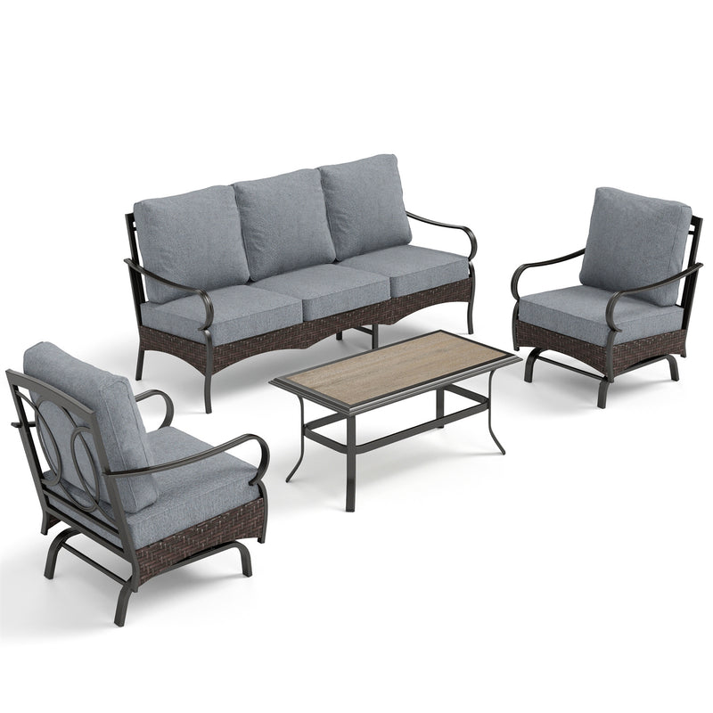 Phi Villa 5-Seater Outdoor Steel & Rattan Sofa Set With Coffee Table