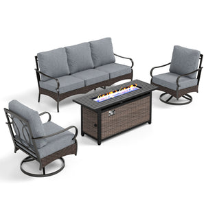 5-Seater Outdoor Metal and Rattan Cocoa Sofa Set wth Fire Pit Table