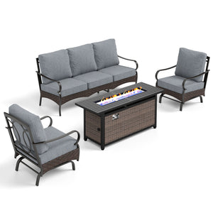 5-Seater Outdoor Metal and Rattan Cocoa Sofa Set wth Fire Pit Table