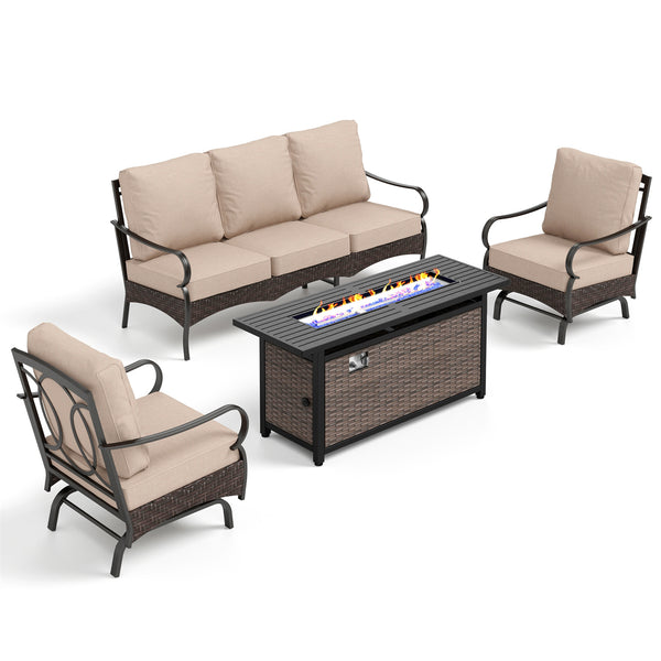 5-Seater Outdoor Metal and Rattan Cocoa Sofa Set wth Fire Pit Table