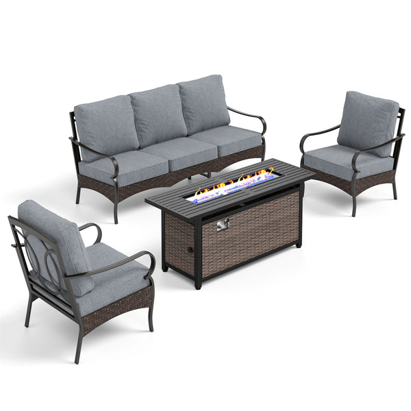 5-Seater Outdoor Metal and Rattan Cocoa Sofa Set wth Fire Pit Table