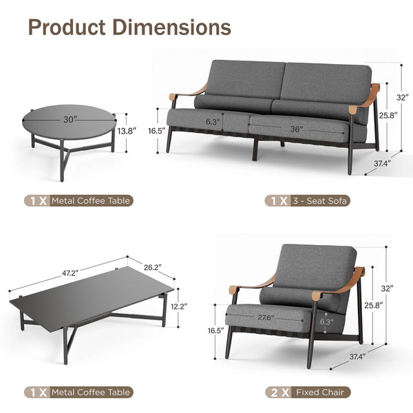 Oversized Modern Outdoor Couch with Leather Armrest and Coffee Table