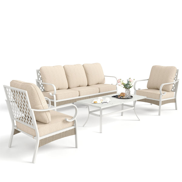 5-Seater Patio Metal All-White Sofa Set with Rattan Edge for Sale