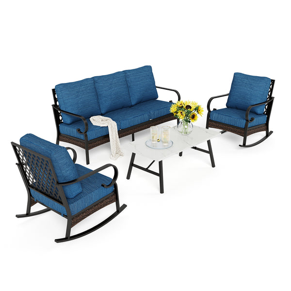 Phi Villa 5-Seater Outdoor Steel & Rattan Dark Color Sofa Set With Coffee Table