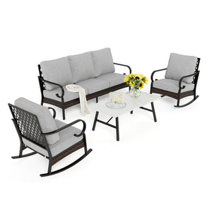 Phi Villa 5-Seater Outdoor Steel & Rattan Dark Color Sofa Set With Coffee Table