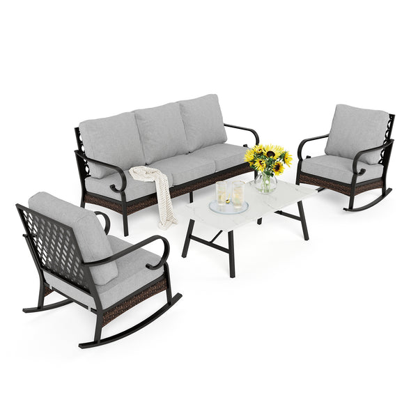 Phi Villa 5-Seater Outdoor Steel & Rattan Dark Color Sofa Set With Coffee Table