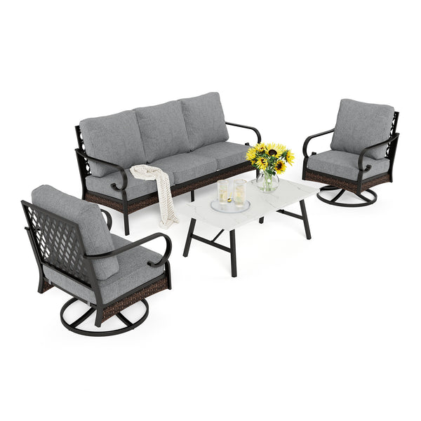 Phi Villa 5-Seater Outdoor Steel & Rattan Dark Color Sofa Set With Coffee Table