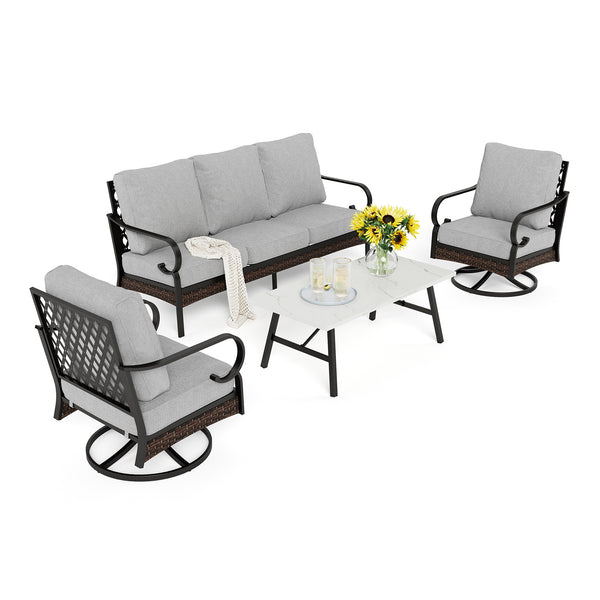 Phi Villa 5-Seater Outdoor Steel & Rattan Dark Color Sofa Set With Coffee Table