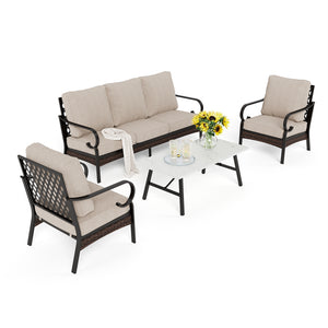 Phi Villa 5-Seater Outdoor Steel & Rattan Dark Color Sofa Set With Coffee Table