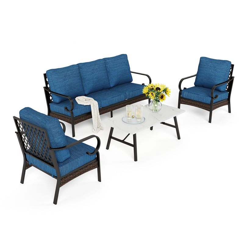 Phi Villa 5-Seater Outdoor Steel & Rattan Dark Color Sofa Set With Coffee Table