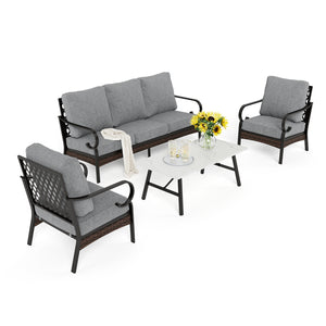 Phi Villa 5-Seater Outdoor Steel & Rattan Dark Color Sofa Set With Coffee Table