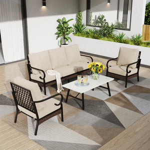 Phi Villa 5-Seater Outdoor Steel & Rattan Dark Color Sofa Set With Coffee Table