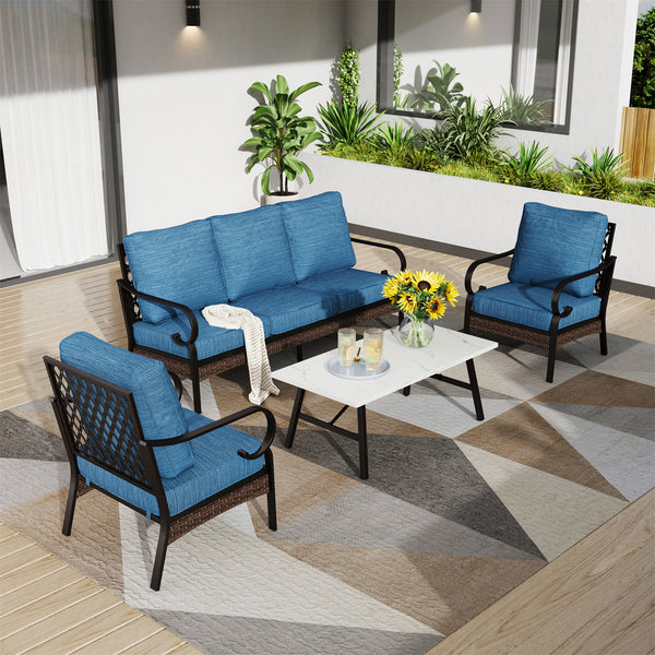 Phi Villa 5-Seater Outdoor Steel & Rattan Dark Color Sofa Set With Coffee Table