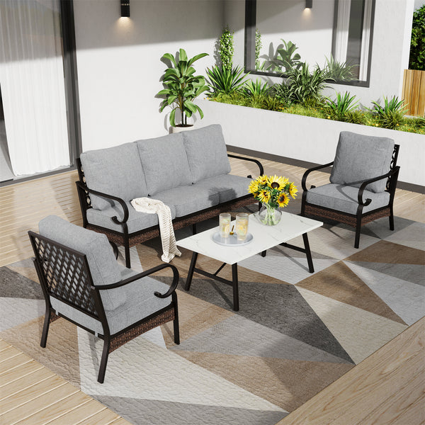 Phi Villa 5-Seater Outdoor Steel & Rattan Dark Color Sofa Set With Coffee Table